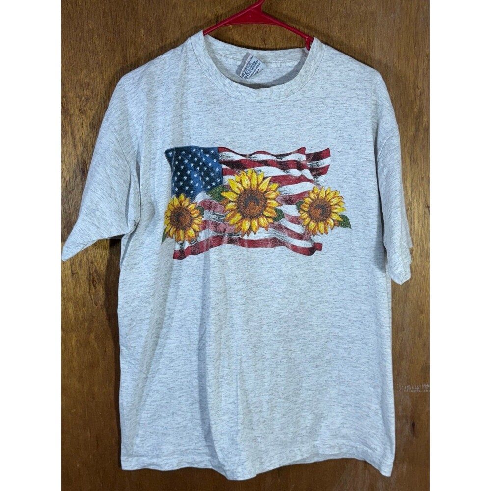 Vintage American Flag Sunflower Shirt Volunteer Large L USA